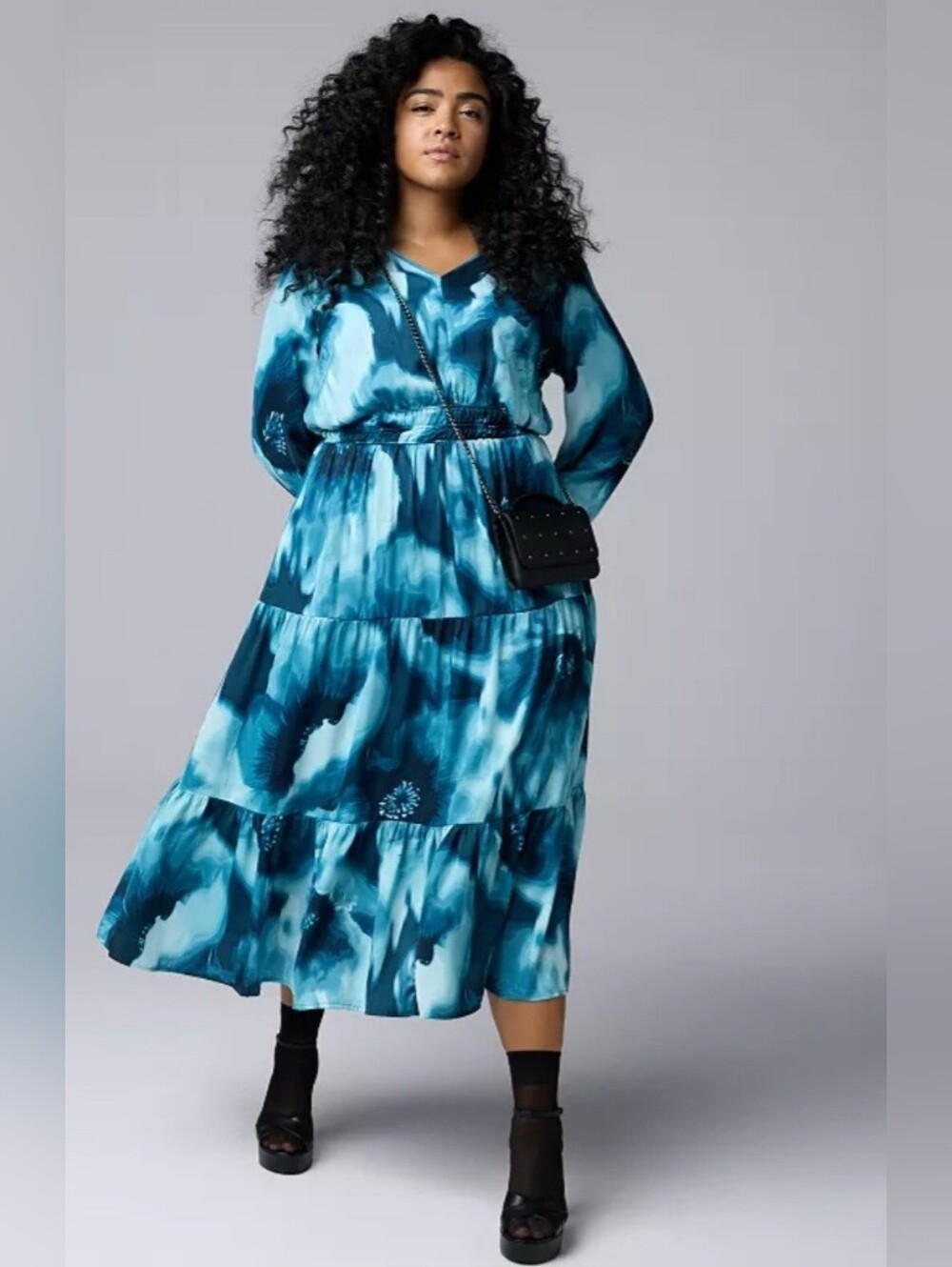 Simply Vera VERA WANG Teal Blue Tie-Dye  Floral V-Neck Tiered Midi Dress